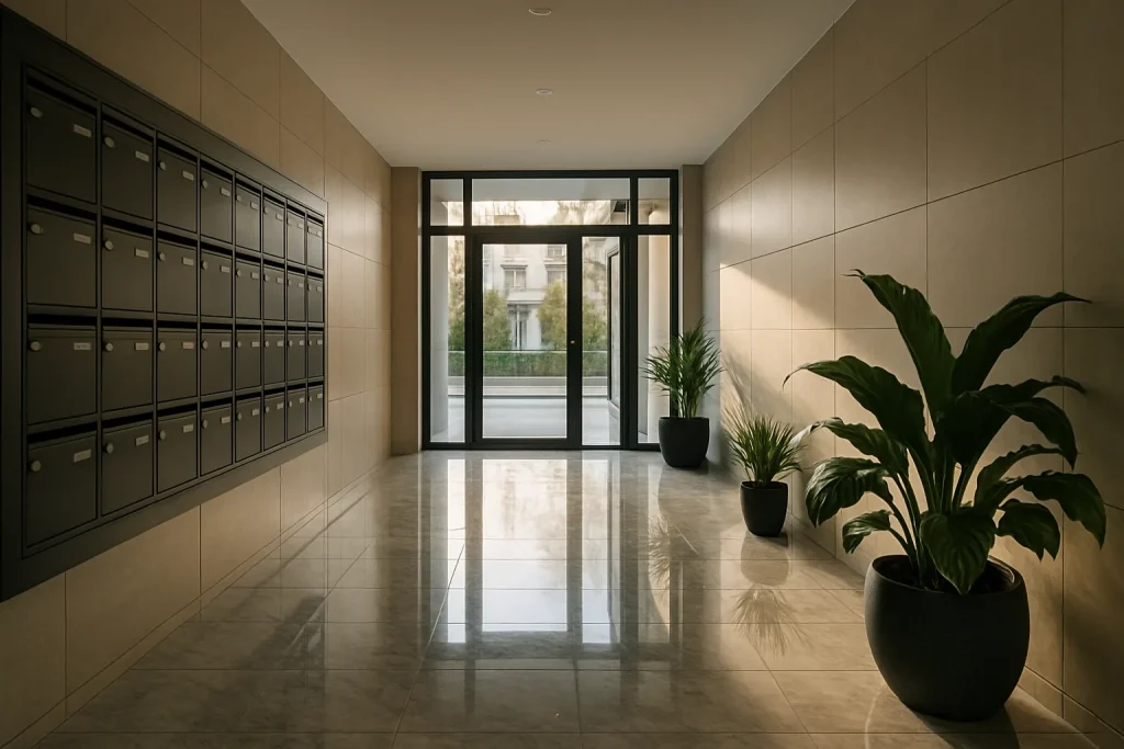 Hall d'entrée lumineux avec sol en marbre à Saint-Lô, plantes décoratives.