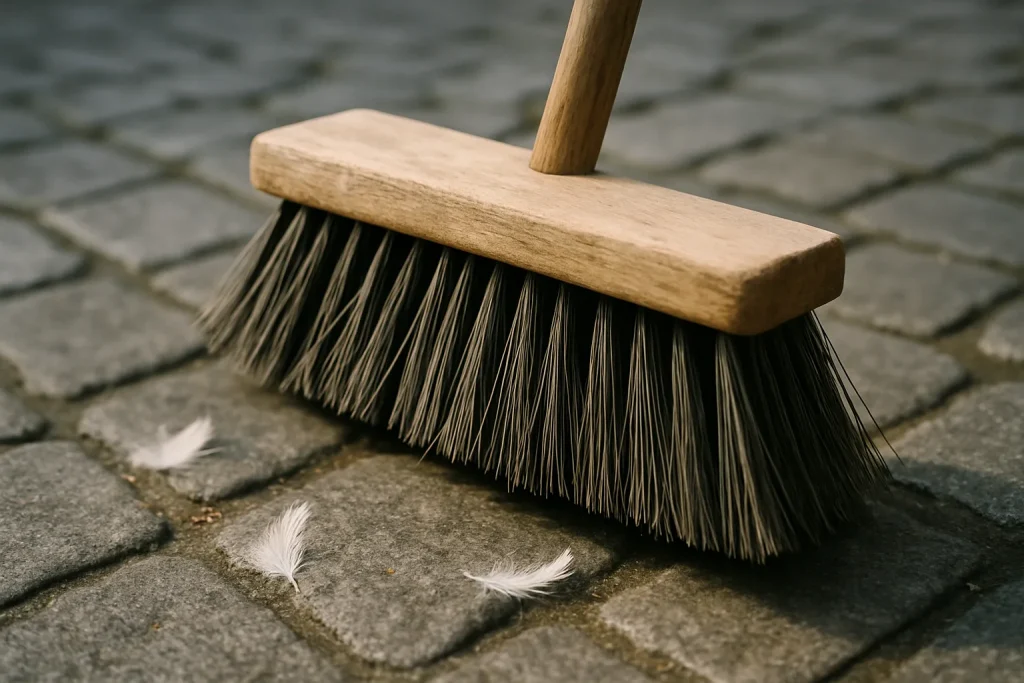 Balai-brosse rigide sur pavés, utilisé pour nettoyer les fientes de pigeon.