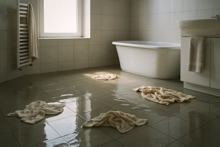 Salle de bain inondée avec sol détrempé et serviettes éparpillées, lumière douce