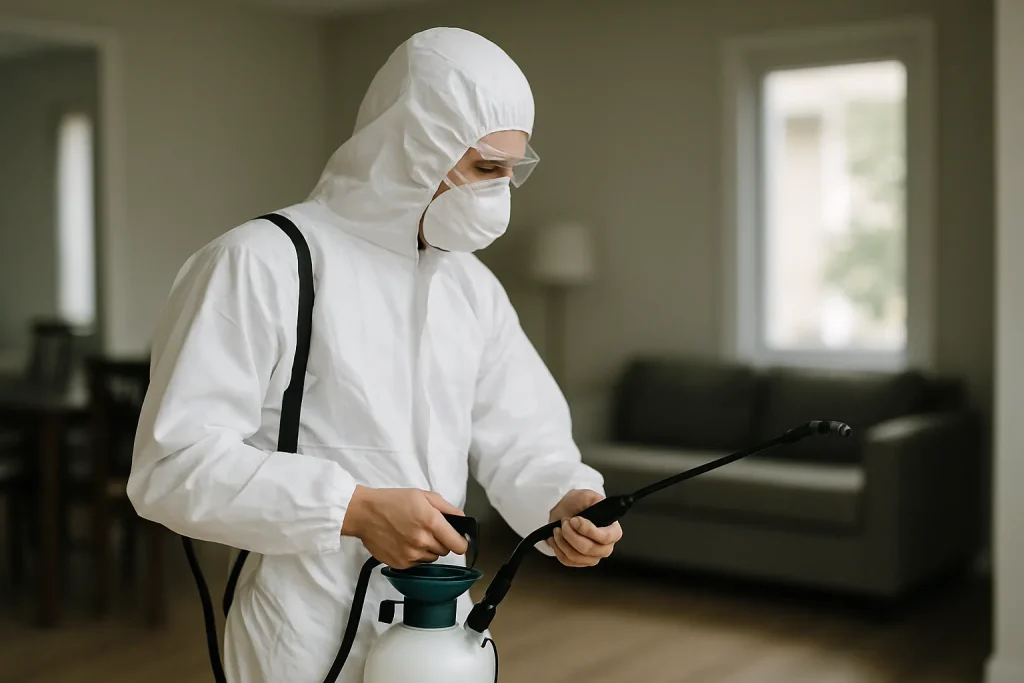 Technicien en combinaison blanche nettoyant une scène traumatique avec un pulvérisateur.