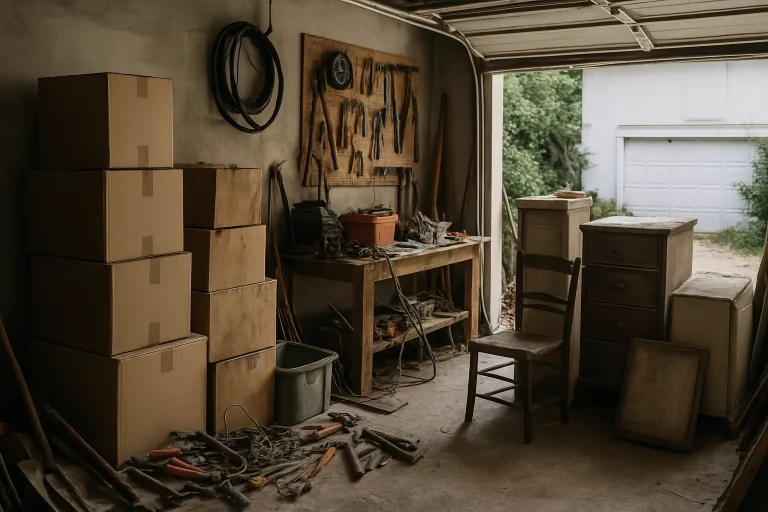 Garage rempli de cartons, outils et meubles à Cherbourg, éclairage naturel