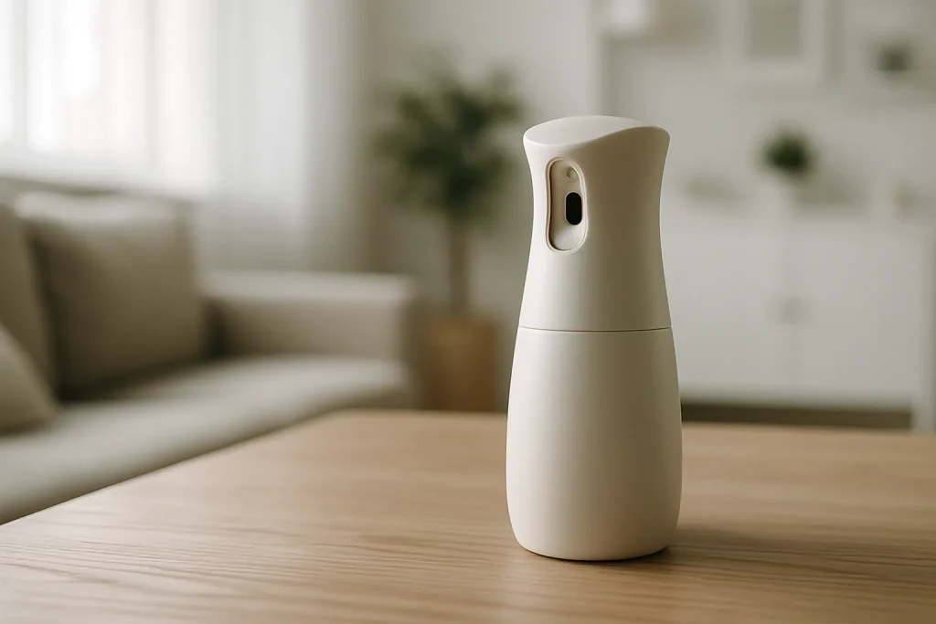 Vaporisateur d'air frais sur une table en bois, lumière douce.