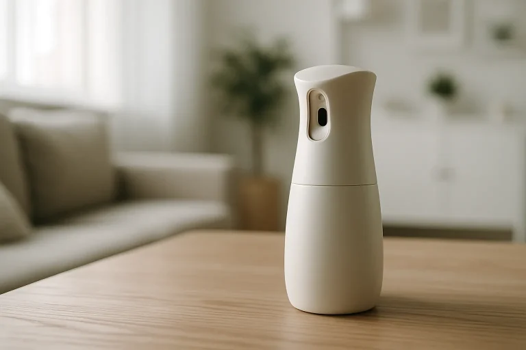 Vaporisateur d'air frais sur une table en bois, lumière douce.