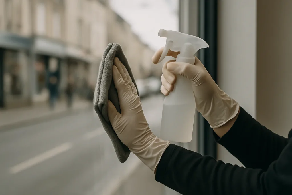 Mains gantées nettoyant une vitrine de magasin à Cherbourg, rue visible en arrière-plan