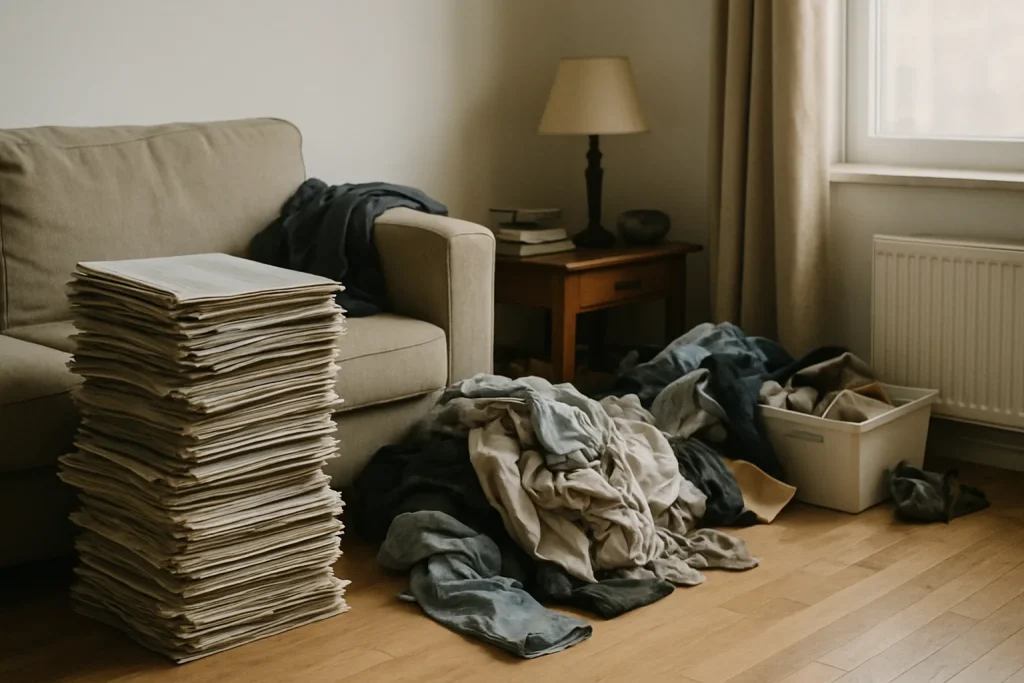 Appartement encombré avec piles de journaux et vêtements épars, lumière douce.