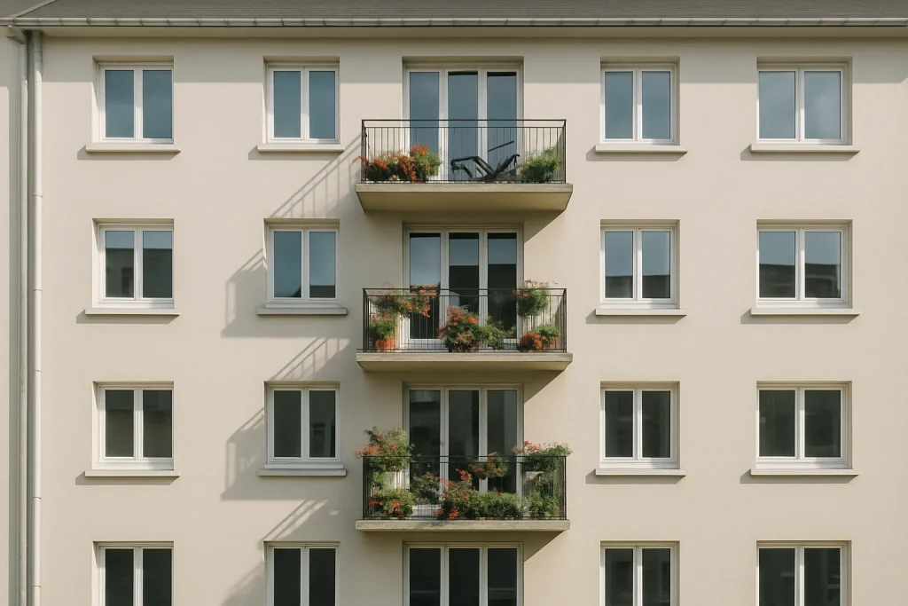 Façade d'un immeuble résidentiel à Coutances avec fenêtres et balcons fleuris