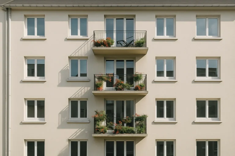 Façade d'un immeuble résidentiel à Coutances avec fenêtres et balcons fleuris